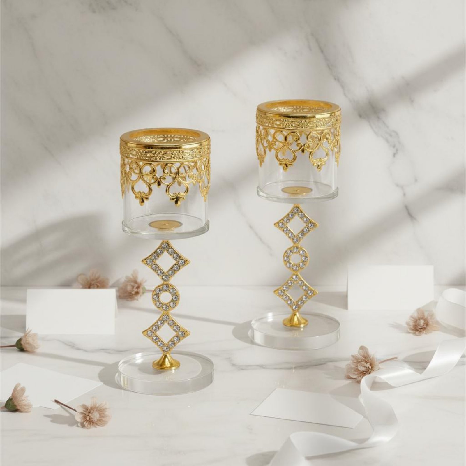 Candle Holder Set - 2 Pieces Crystal Metal Candle Holder