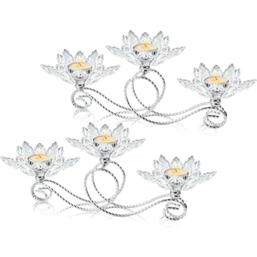 Candle Holder Set - 2Pcs Siver Crystal Metal Tea Light
