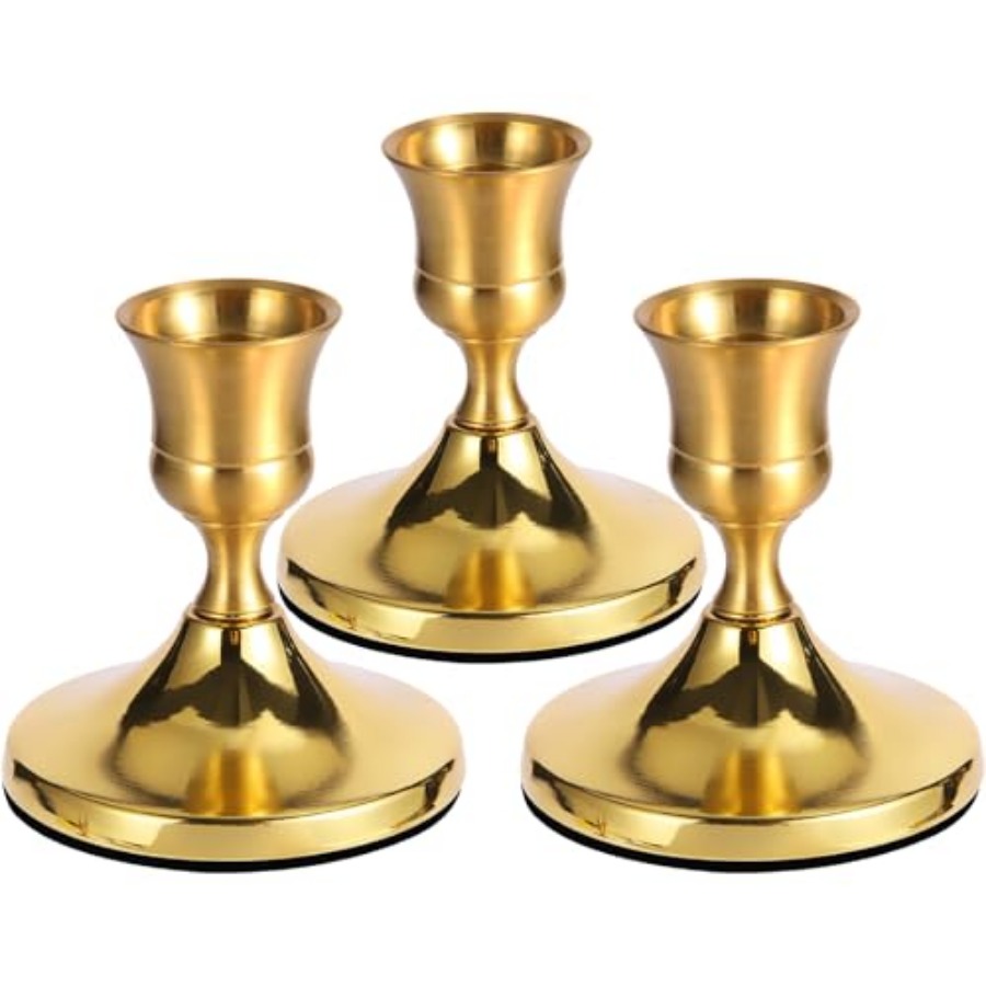 Candle Holder Set - 3 Pcs Brass Gold Taper Candle