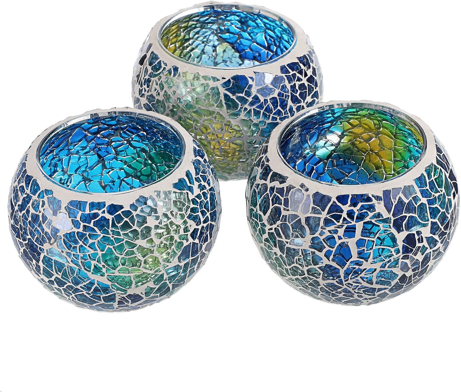 Set of 3 Blue Mosaic Glass Tea - Candle Holder Set のレビューと価格