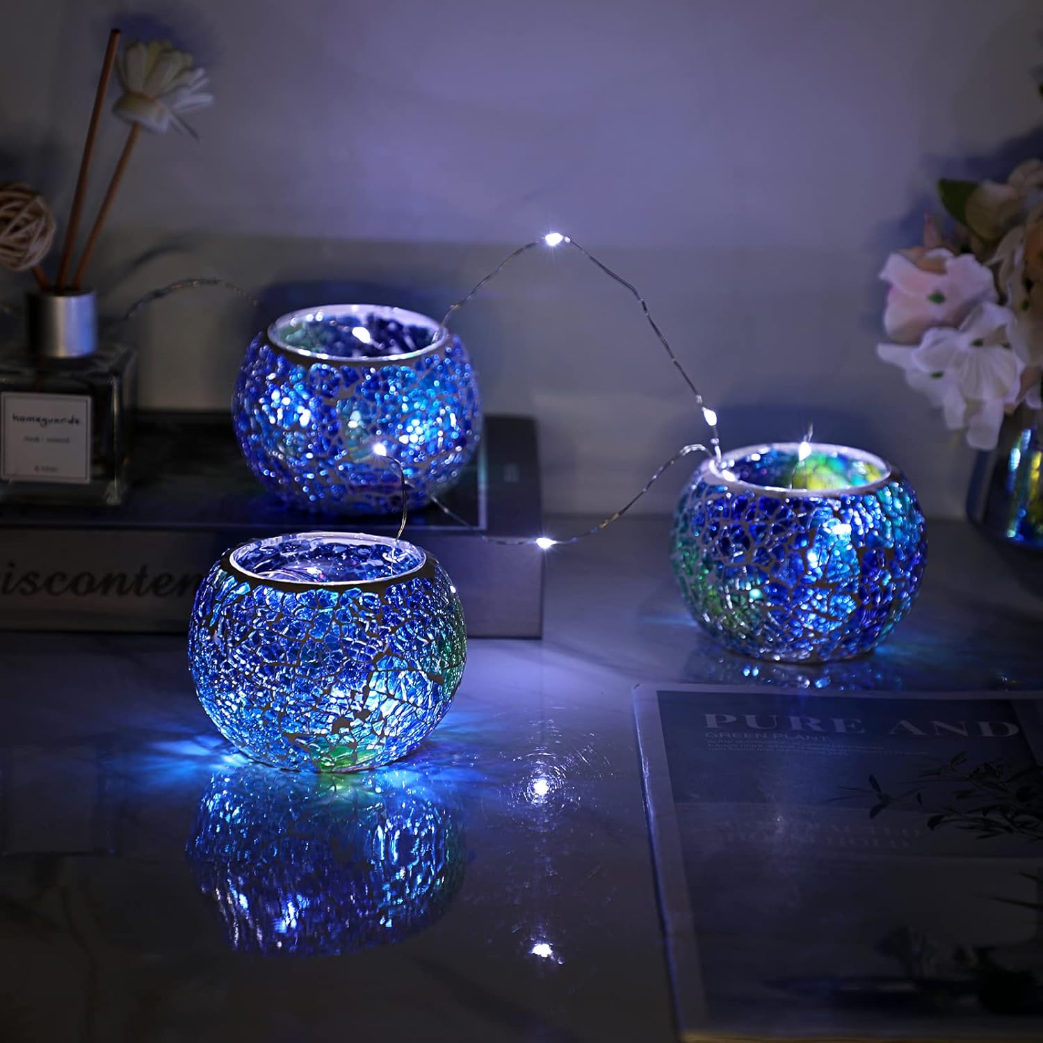 Set of 3 Blue Mosaic Glass Tea - Candle Holder Set のレビューと価格