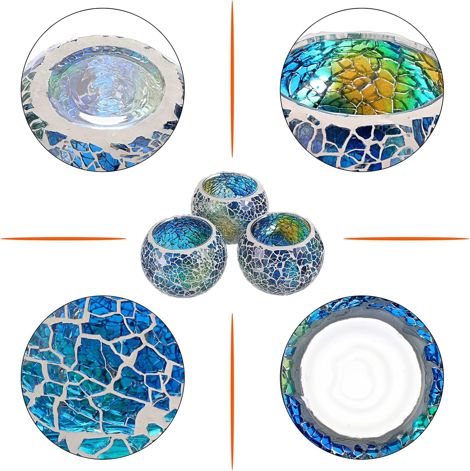 Set of 3 Blue Mosaic Glass Tea - Candle Holder Set のレビューと価格